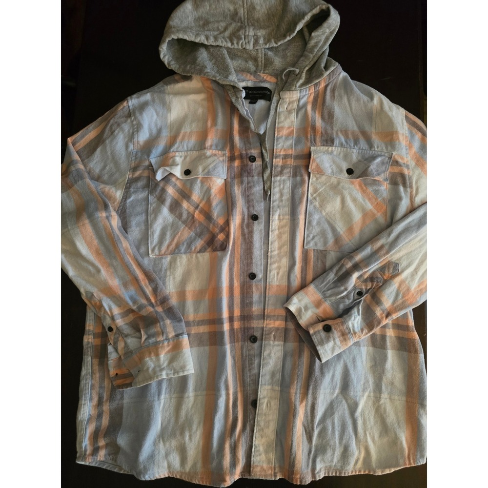 No Boundaries Mens Large Oversized Hooded Flannel Shirt Blue Orange Plaid Hoodie